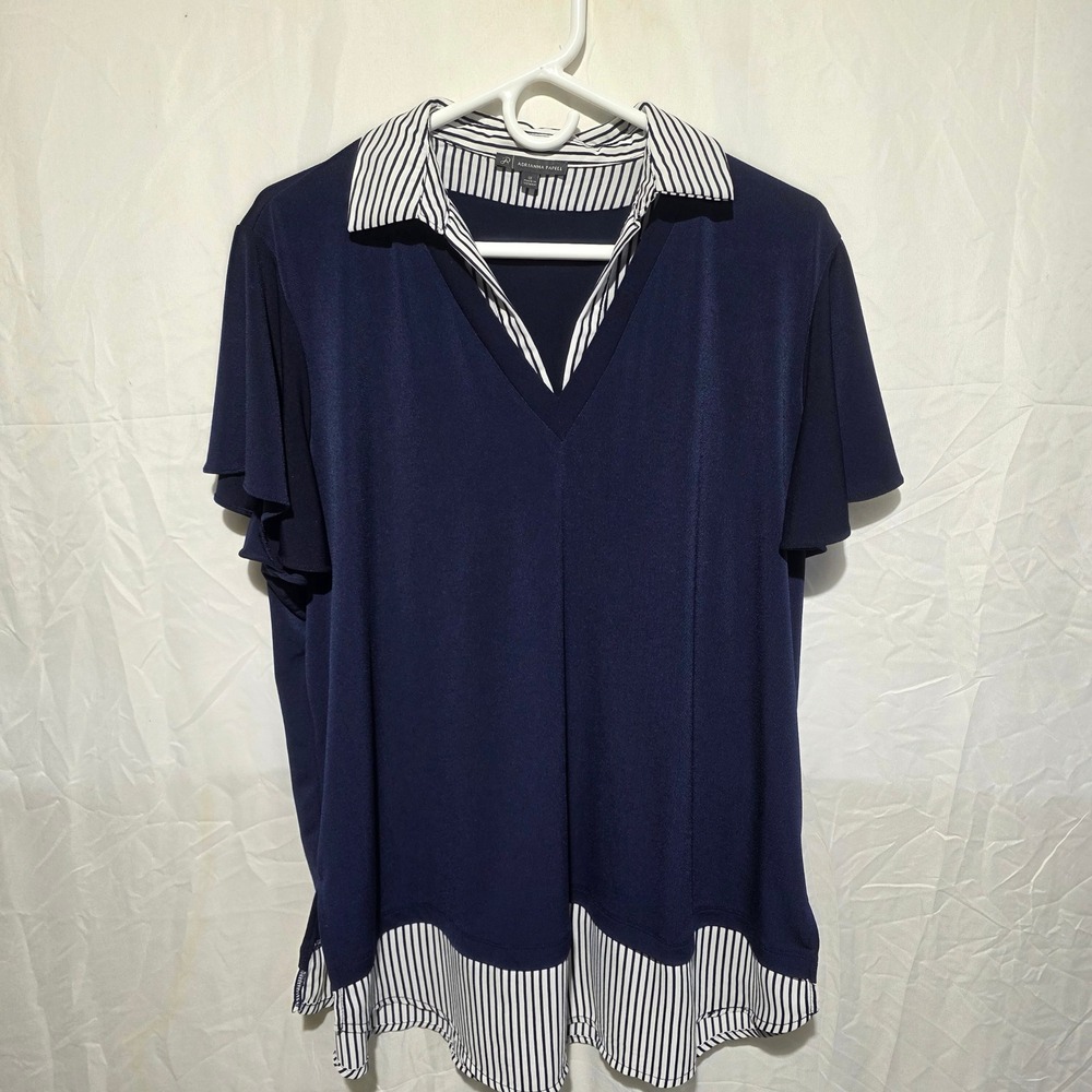 Adrianna Papell Navy Mixed Media Striped V-Neck Top Plus Size 1X AD1S301635W